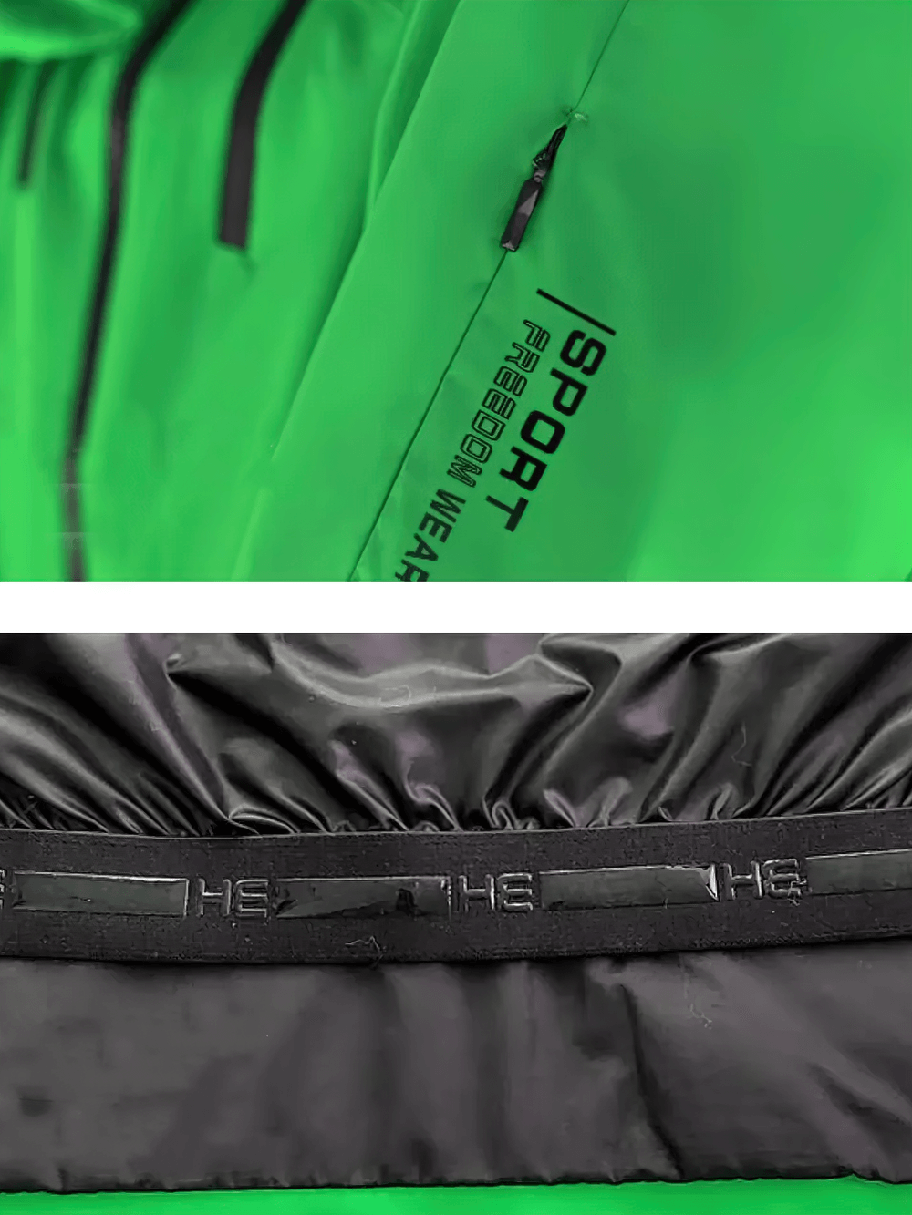 Close-up of a green waterproof snowboarding jacket's details and black thermal lining, ideal for women skiers and snowboarders in winter.