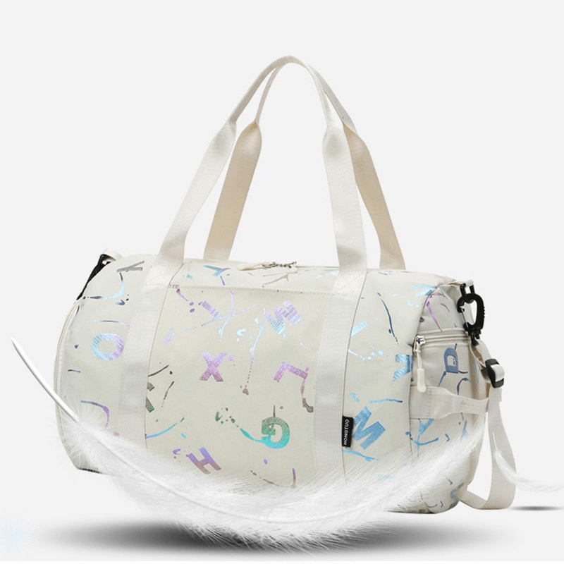 Stylish waterproof sports shoulder bag with colorful letters, featuring dry and wet separations and multiple carrying options.