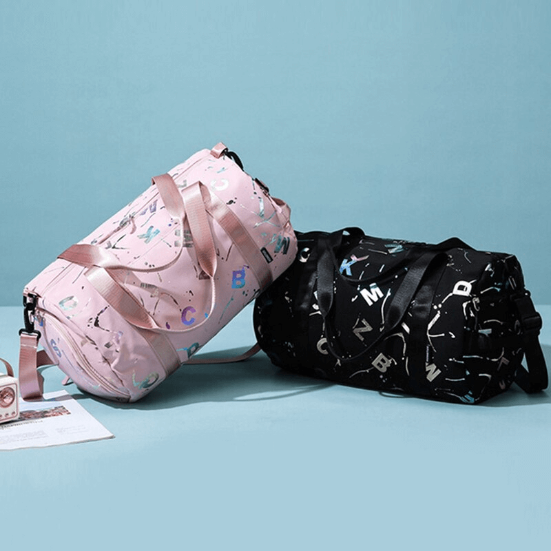 Pink and black waterproof sports shoulder bags with dry and wet separations, designed for female fitness enthusiasts, SF1401 model.