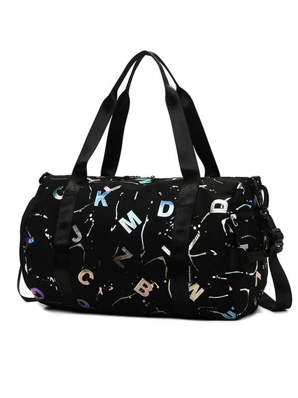 Waterproof sports shoulder bag with alphabet print, durable nylon, 20-35L capacity, featuring dry and wet separations.