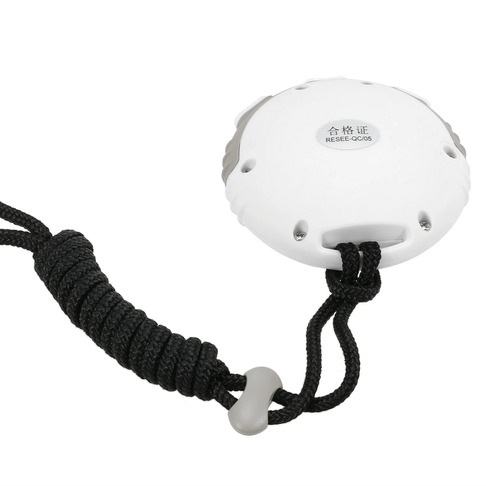 Back view of white waterproof sports timer with black rope attachment, ideal for timing in sports, featuring supportive branding mark.