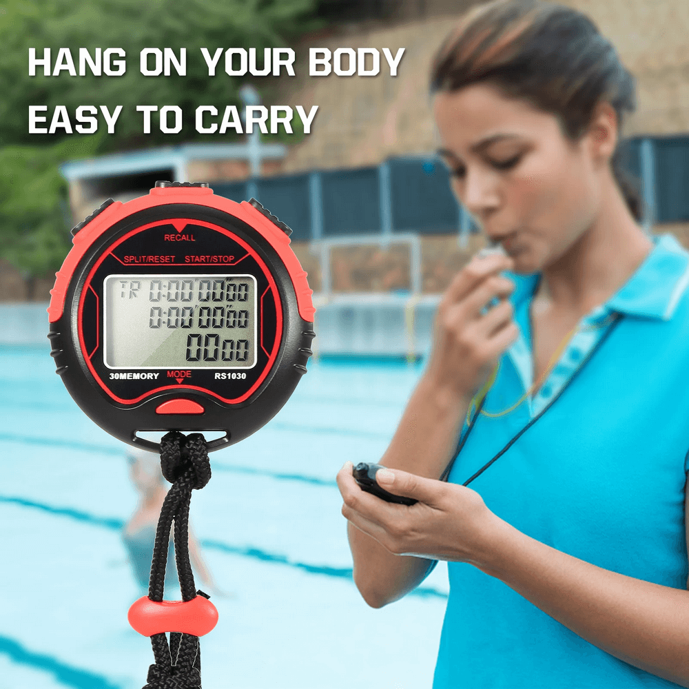 Woman using Waterproof Sports Timer SF3081 with LCD display by poolside, showcasing its easy-to-carry design for sports and training.