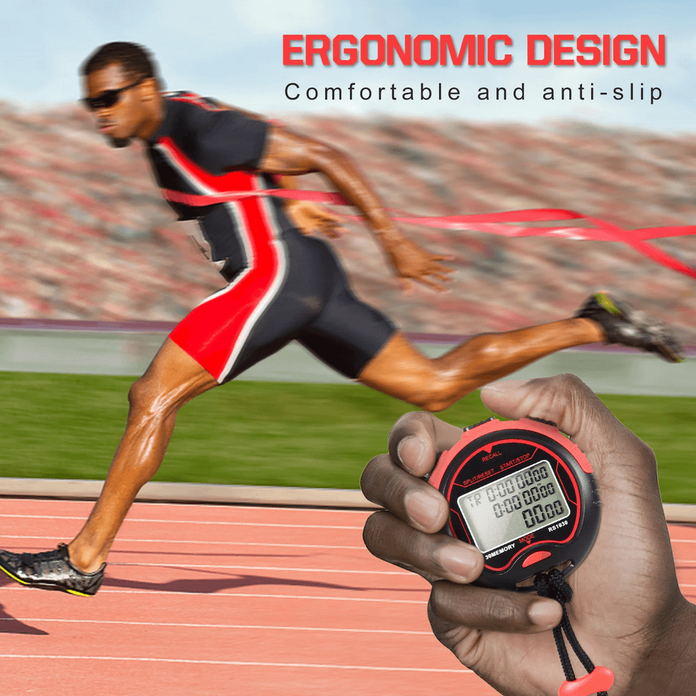 Runner holding a waterproof sports timer with LCD display. Text reads 'Ergonomic Design - Comfortable and Anti-Slip'.