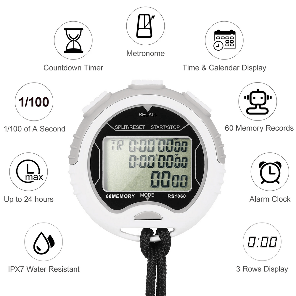 Waterproof sports timer with LCD display, features include countdown timer, memory records, alarm clock, and IPX7 water resistance.