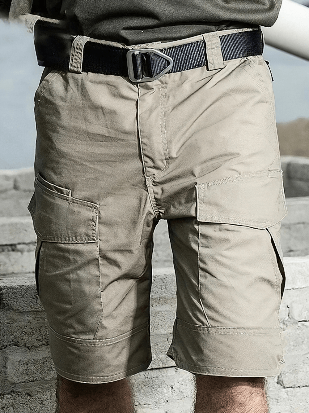 Alt Tag: Waterproof Tactical Shorts with Utility Pockets - SF4512 khaki cargo hiking shorts with belt and utility pockets, water-resistant outdoor wear
