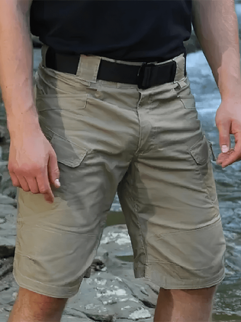 Alt Tag: Waterproof Tactical Shorts with Utility Pockets - SF4512 khaki hiking cargo shorts with belted waist and utility pockets by river