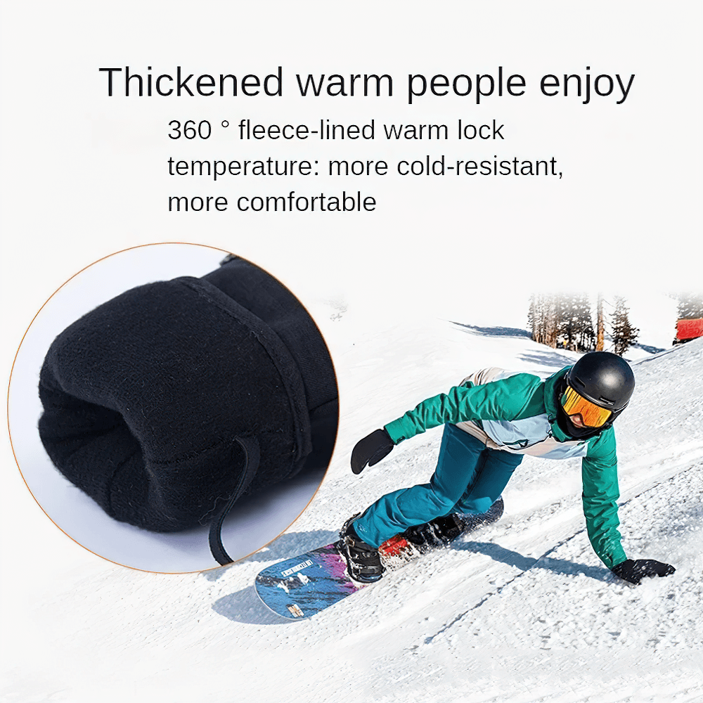 Snowboarder wearing waterproof touchscreen ski gloves with fleece lining for warmth and secure fit on snowy slopes.