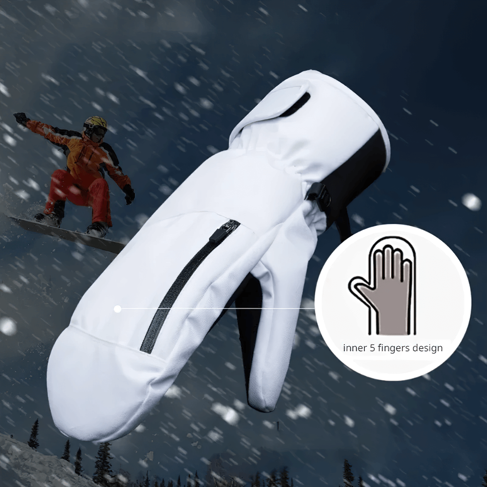 Waterproof touchscreen ski glove in snow with inner 5-finger design, perfect for warmth during snowboarding and skiing.