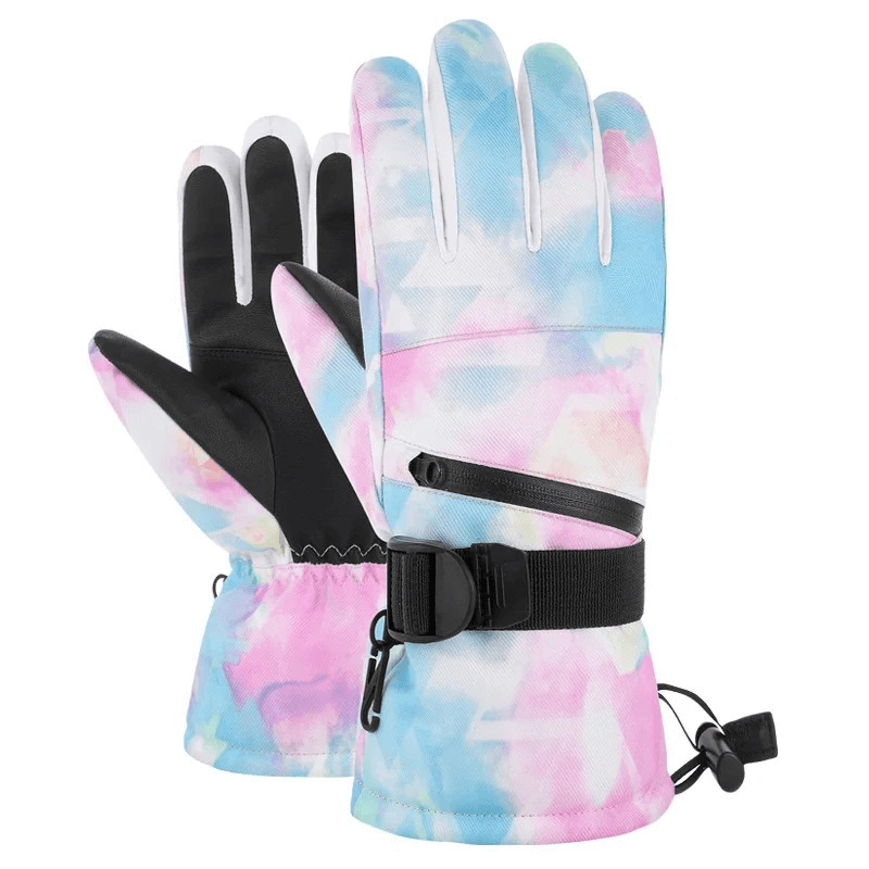 Colorful waterproof unisex ski gloves with adjustable fastener, made from breathable cotton and PU leather, model SF1906.