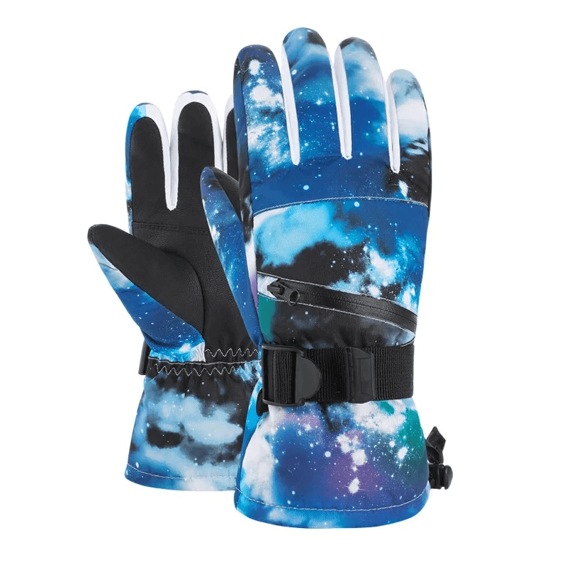 Waterproof Unisex Ski Gloves SF1906 with adjustable fastener, breathable cotton, and PU leather in a stylish starry pattern.
