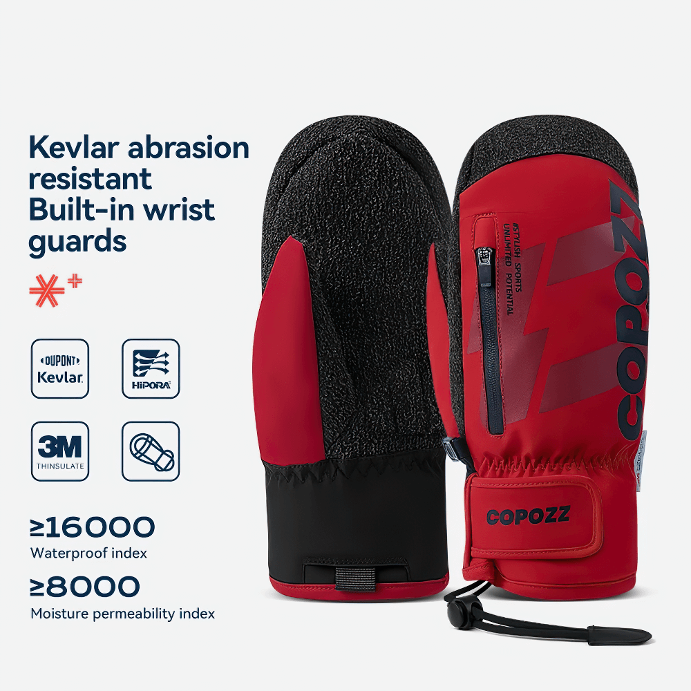 Waterproof unisex ski gloves with Kevlar palms, wrist guard, and 3M Thinsulate insulation for warmth and protection, model SF2549.