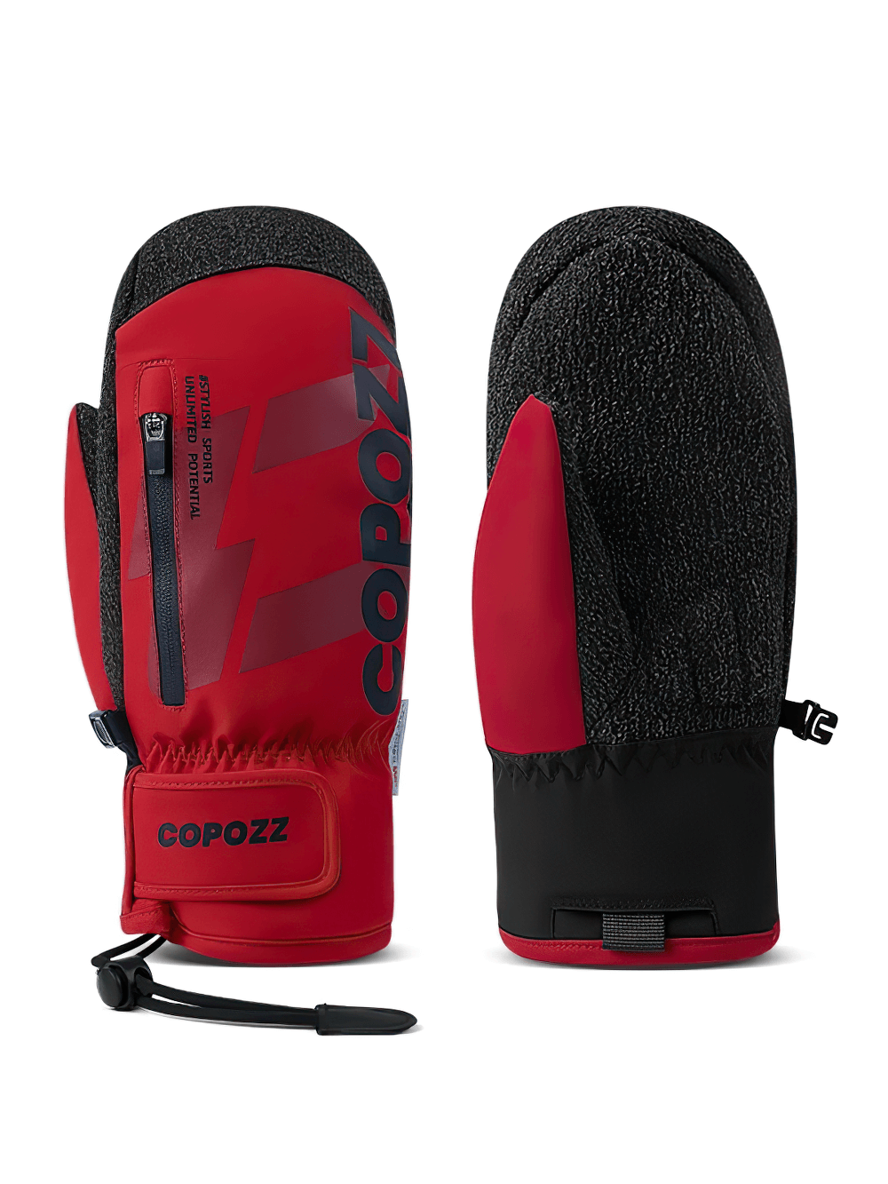 Alt Tag: Red waterproof unisex ski gloves with wrist guard and Kevlar palms for durability, featuring breathable 3M Thinsulate lining.