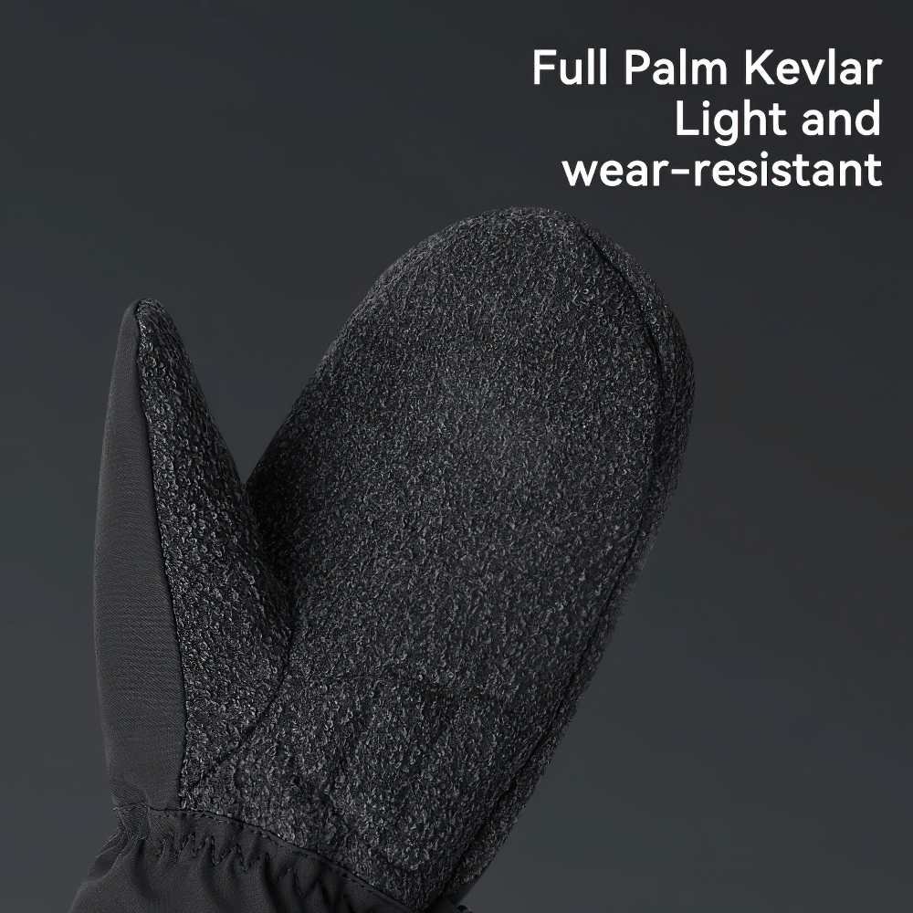 Close-up of waterproof unisex ski glove with Kevlar palm, showcasing wear-resistant and lightweight design.