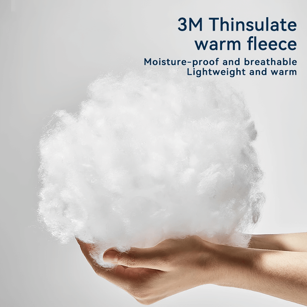 Hands holding 3M Thinsulate warm fleece, showcasing moisture-proof, breathable, lightweight, and warm properties.