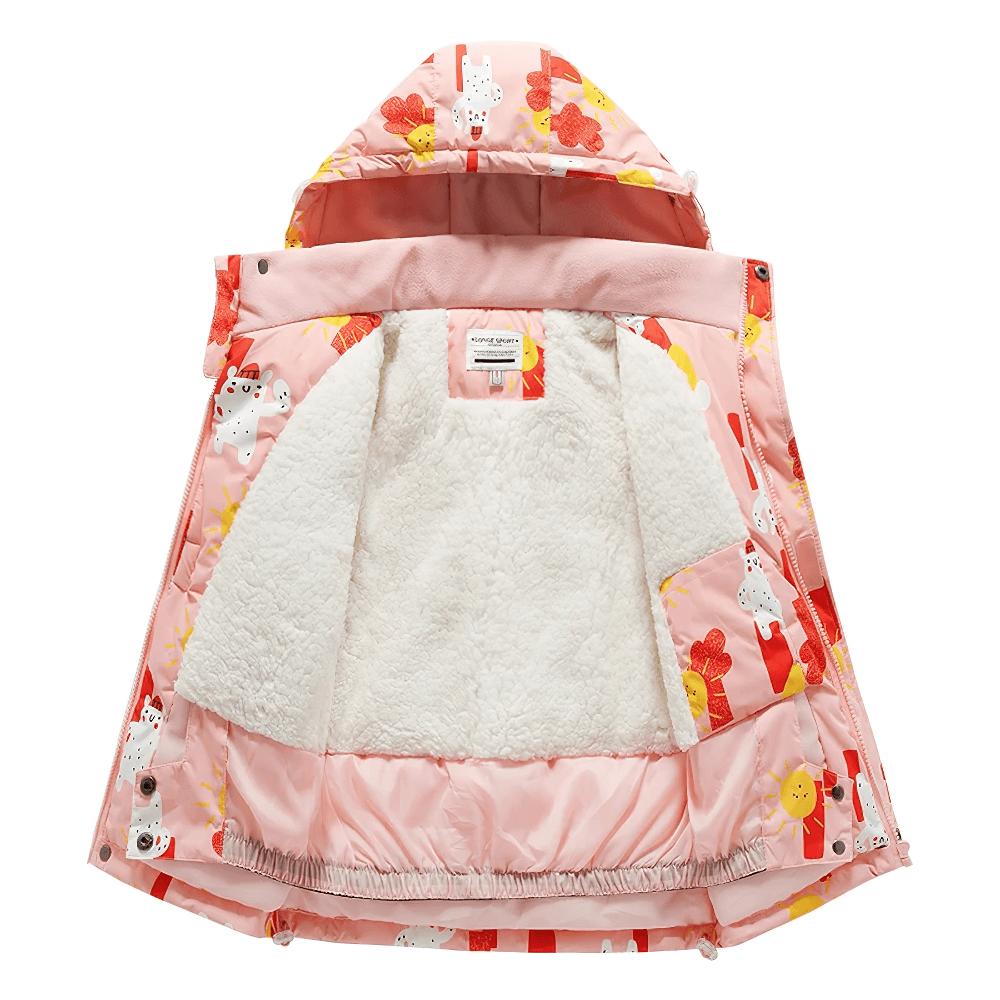 Open view of the Waterproof Warm Children's Snow Ski Jacket - SF3723, showing soft fleece lining and colorful design for winter adventures.