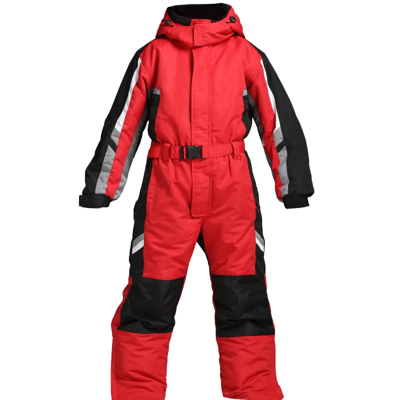 Red waterproof warm ski jumpsuit SF2052 for men with fleece lining, windproof design, hooded collar, perfect for skiing and snowboarding.