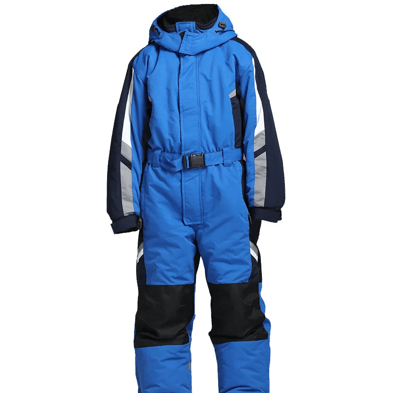Waterproof blue ski jumpsuit with fleece lining and hood, designed for men snowboarding in extreme cold temperatures.
