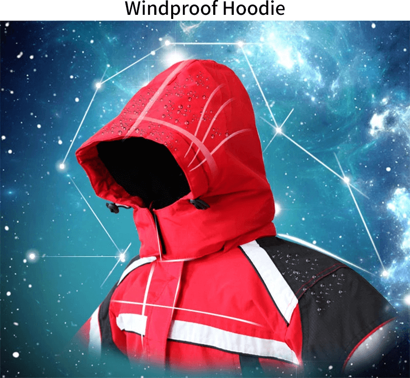 Red waterproof hooded ski jumpsuit with windproof design, featuring fleece lining and stylish space-themed background.