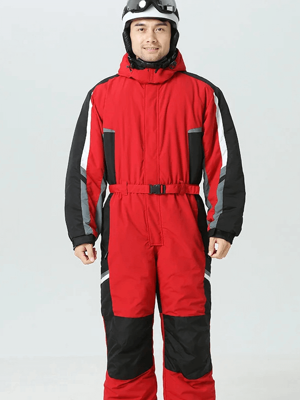 Man wearing a red waterproof warm ski jumpsuit SF2052 with fleece lining, ideal for snowboarding and skiing.