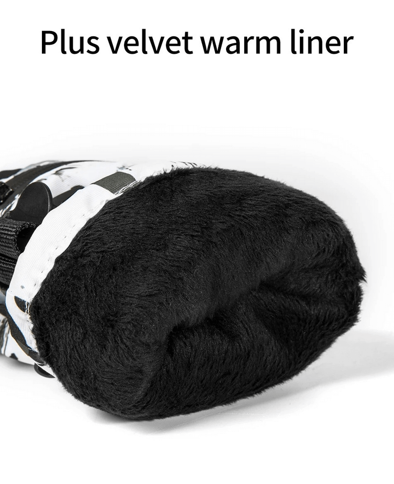 Close-up of waterproof glove with velvet warm liner, white and black design, features adjustable fastener for secure fit.