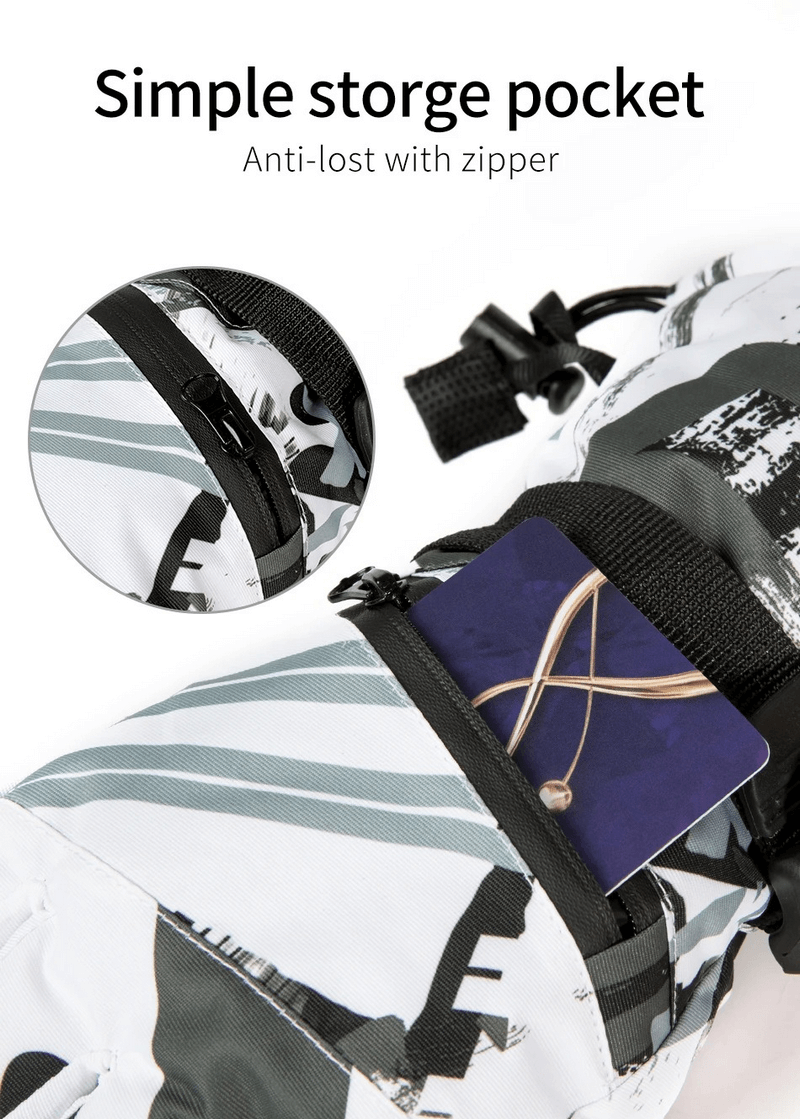 Close-up of waterproof glove with zipper pocket holding a card, showcasing anti-lost feature for secure storage.