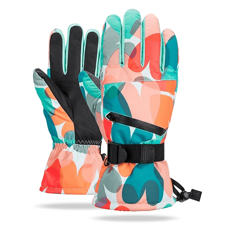 Colorful waterproof warm unisex gloves with adjustable buckle, featuring a stylish pattern for winter protection and comfort.