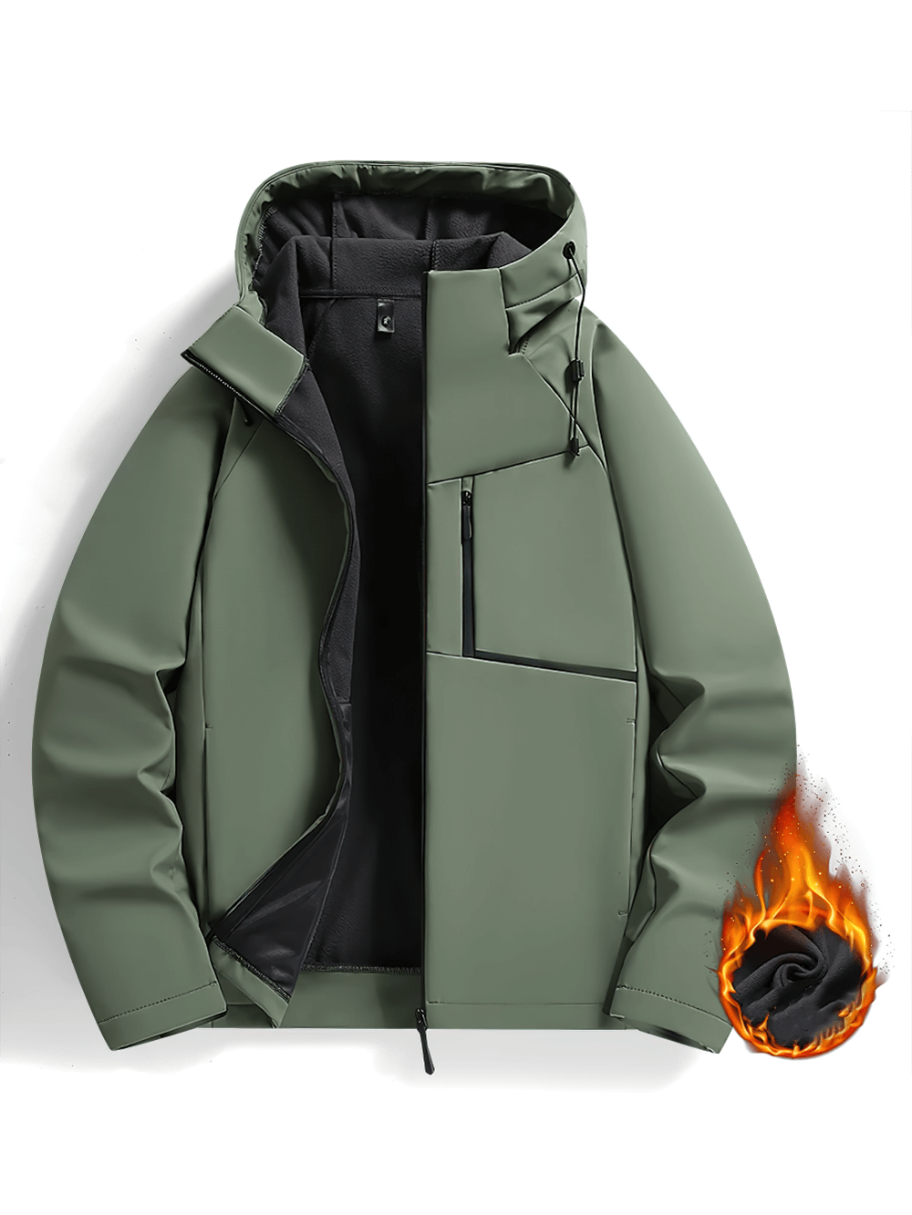 Men's waterproof windbreaker jacket in olive green with fleece lining, hood, and zipper pockets for outdoor hiking and camping.