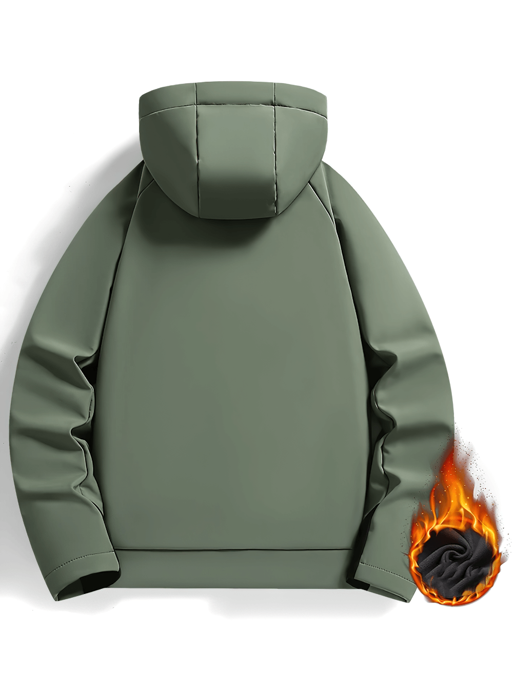 Back view of waterproof windbreaker jacket with fleece lining, hood, and fireproof icon, perfect for hiking and camping.