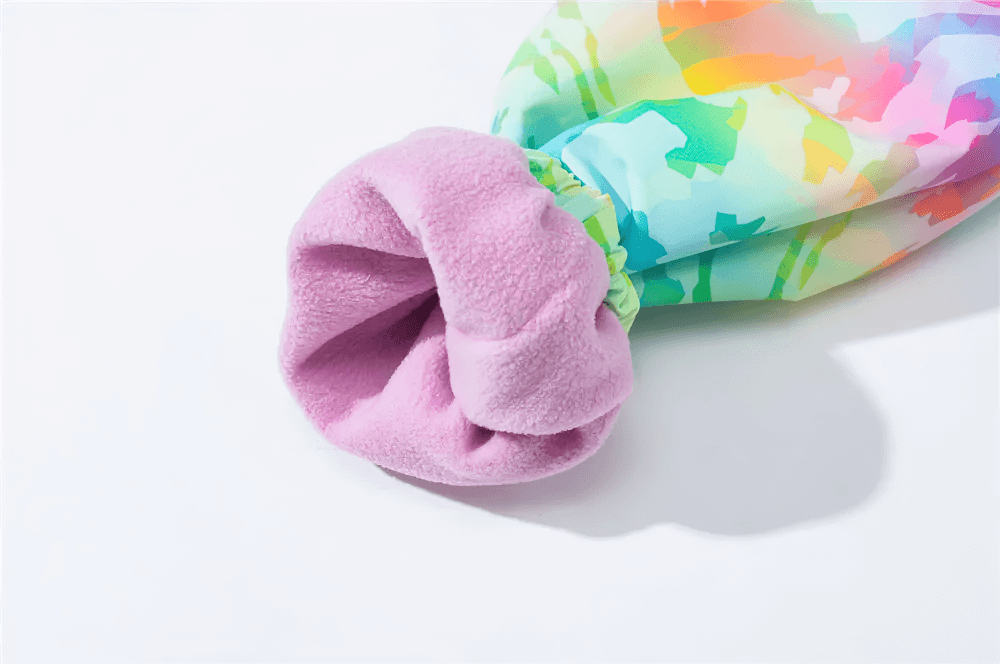 Close-up of sleeve with fleece lining on Waterproof Windbreaker Jacket with Fleece Lining - SF3576, showcasing vibrant rainbow design.