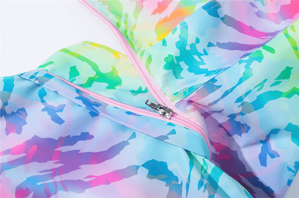 Close-up of Waterproof Windbreaker Jacket with Fleece Lining - SF3576 showing vibrant rainbow pattern and zipper detail.