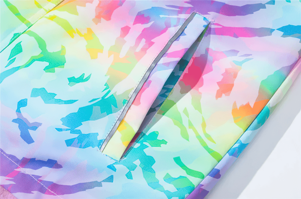 Bright rainbow pattern on Waterproof Windbreaker Jacket with Fleece Lining - SF3576, showcasing vibrant colors and pocket detail.