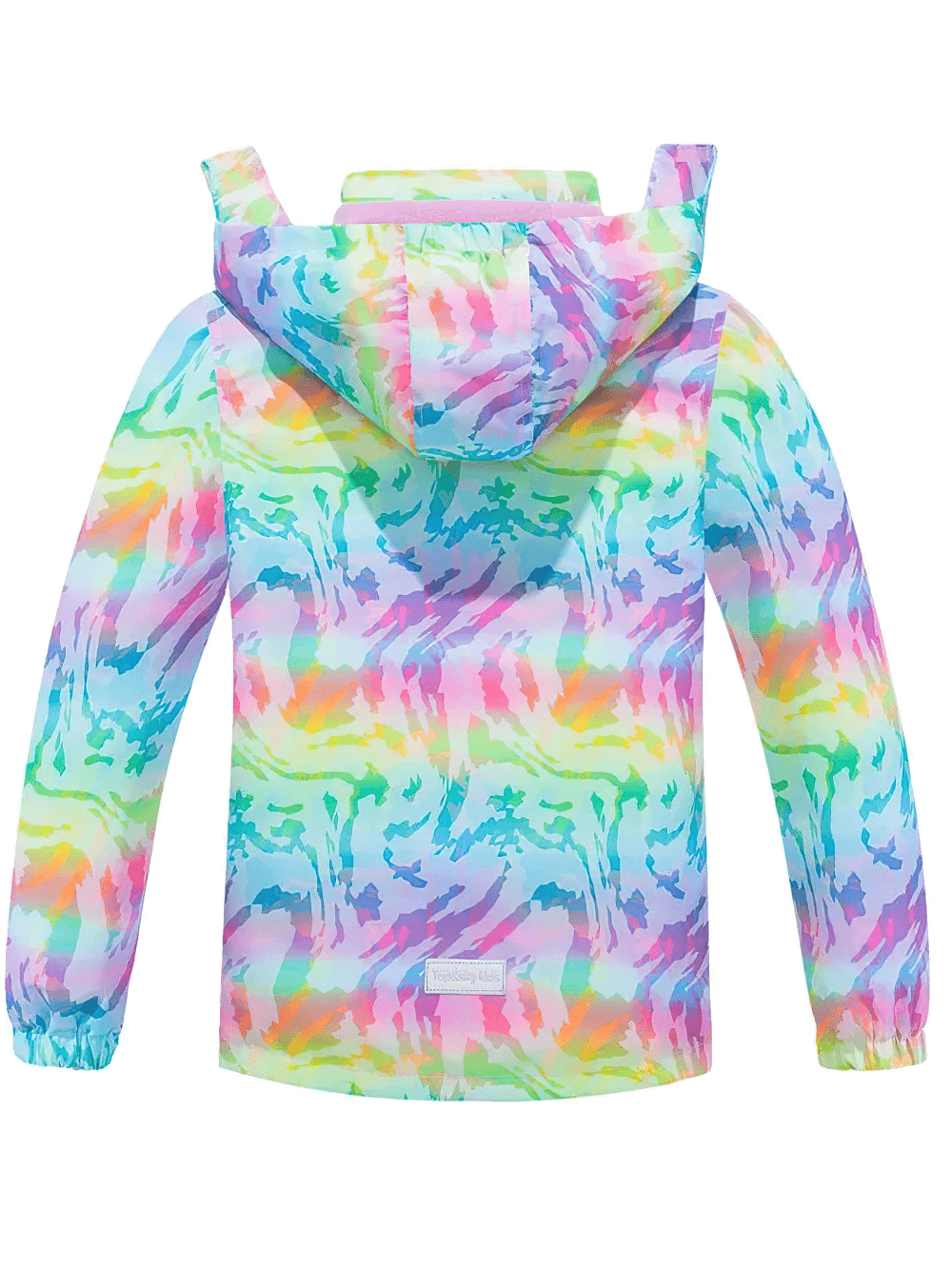 Back view of colorful kids Waterproof Windbreaker Jacket with Fleece Lining - SF3576, featuring vibrant rainbow pattern.