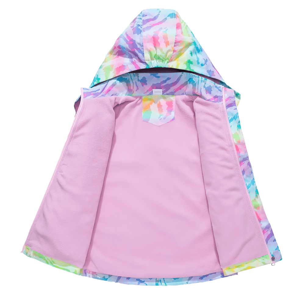 Bright and stylish kids Waterproof Windbreaker Jacket with Fleece Lining - SF3576, rainbow design, open to show pink fleece interior.