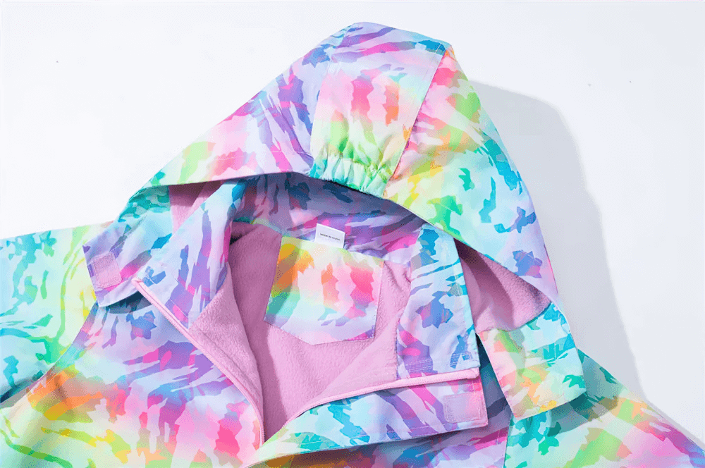 Colorful Waterproof Windbreaker Jacket with Fleece Lining - SF3576 featuring adjustable hood and rainbow pattern for kids' outdoor adventures.