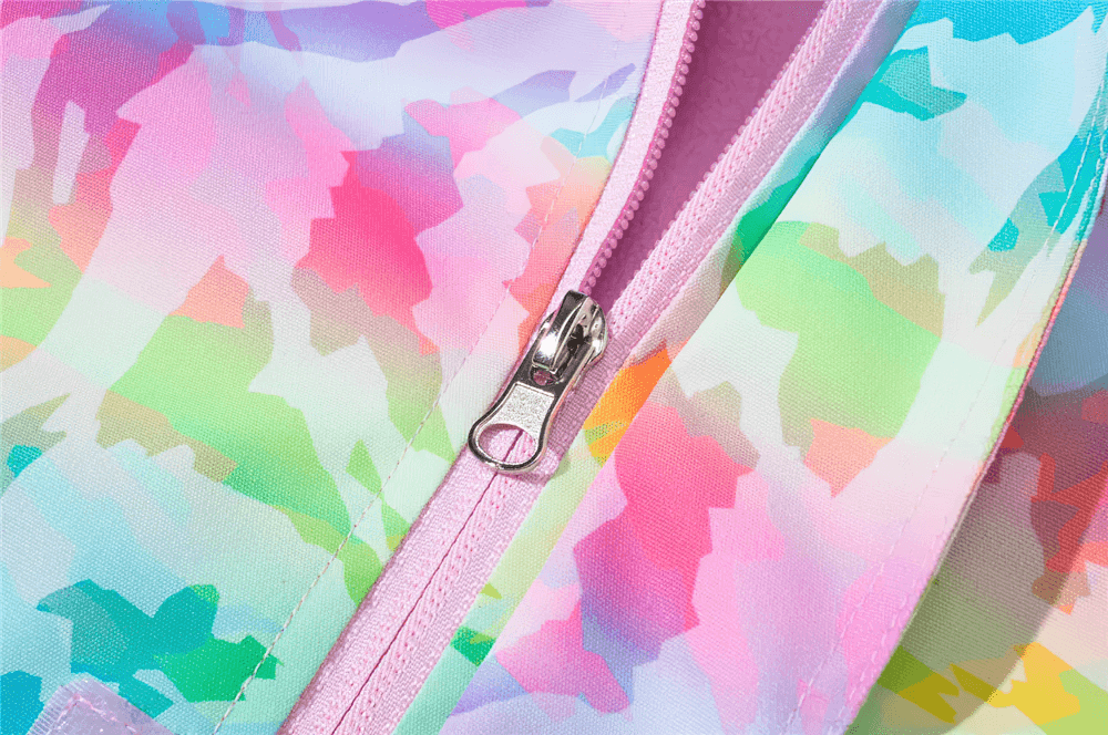 Close-up of rainbow kids Waterproof Windbreaker Jacket with Fleece Lining - SF3576 showcasing colorful zipper detail.