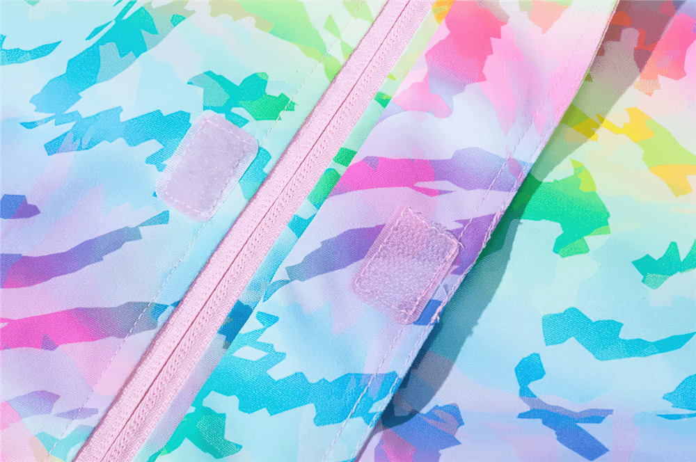Vibrant fabric detail of Waterproof Windbreaker Jacket with Fleece Lining - SF3576 showcasing rainbow camo pattern.