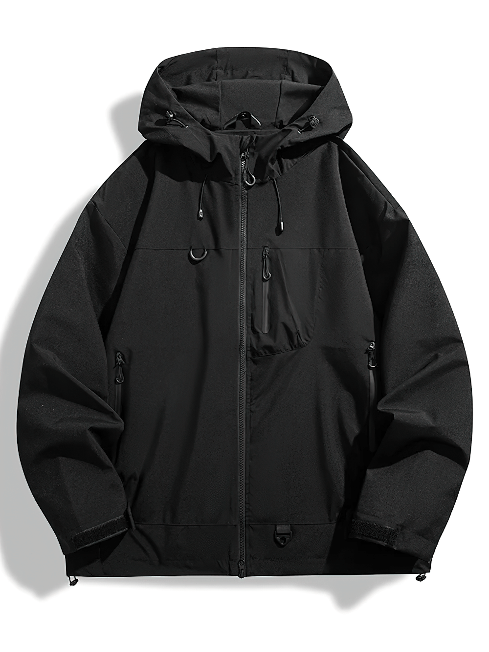 Waterproof Windbreaker Jacket With Velcro Cuffs - SF4206 for outdoor adventures, shown in black with adjustable hood and zippers.