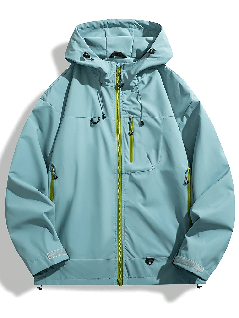 Light blue Waterproof Windbreaker Jacket With Velcro Cuffs - SF4206 showcasing adjustable hood and zippers for outdoor adventures.