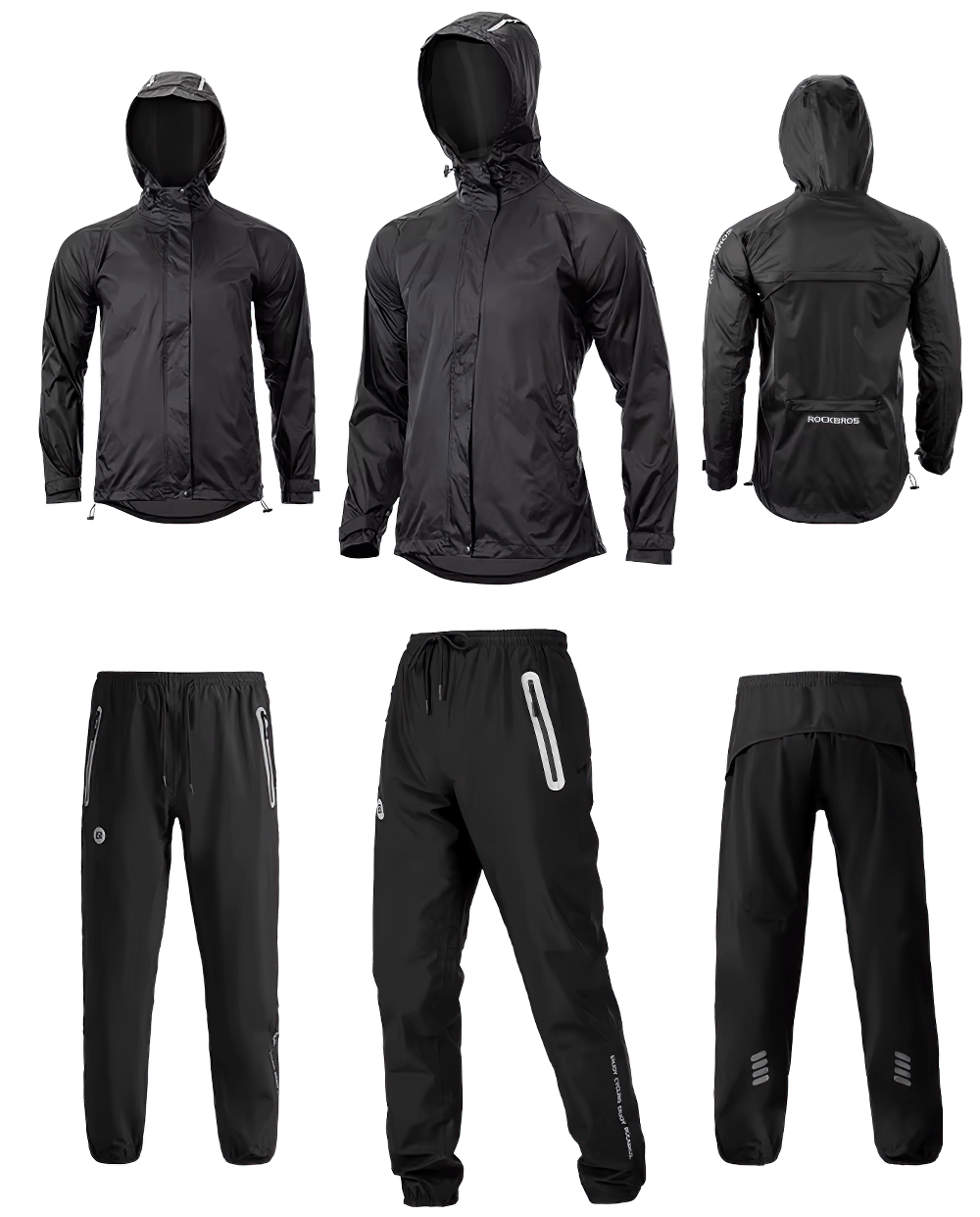 Waterproof windproof cycling jacket and pants set in black, featuring adjustable hood and reflective details for visibility.