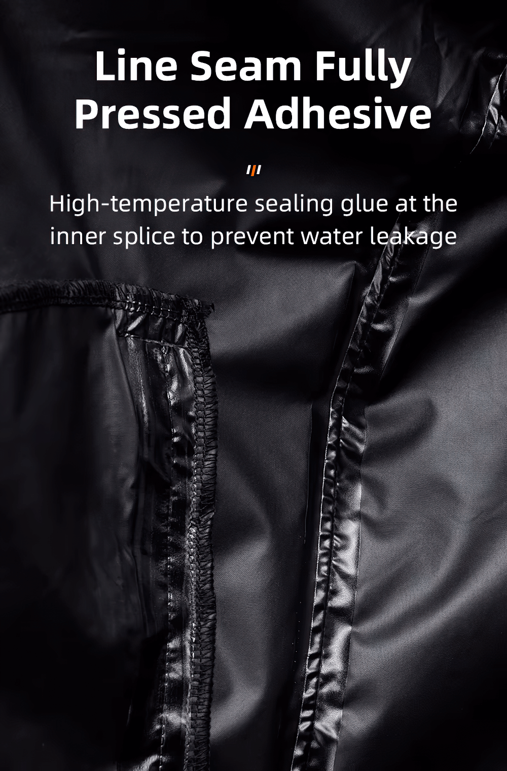 Close-up of waterproof cycling jacket seam with high-temperature adhesive for optimal water leakage prevention.