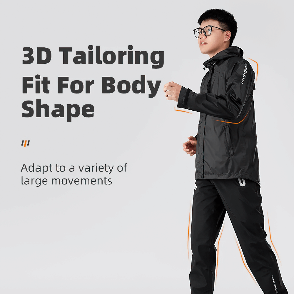 Man wearing waterproof cycling jacket and pants set, showcasing 3D tailoring for optimal fit and large movements.