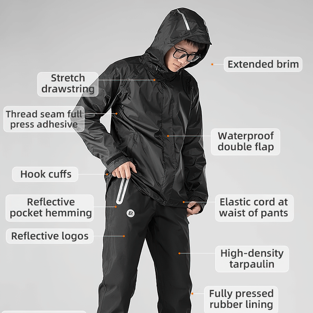 Waterproof windproof cycling jacket and pants set with features like reflective logos and adjustable hood for safety.