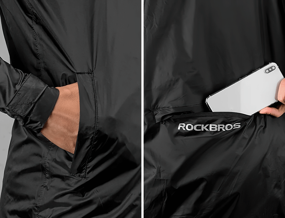 Close-up of waterproof cycling jacket pocket and cuff detail, showcasing convenience and sleek design by ROCKBROS.