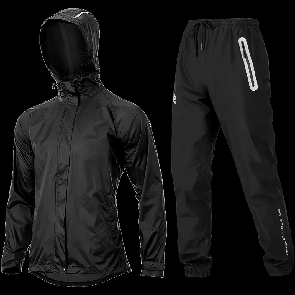 Waterproof windproof cycling jacket and pants set in black, designed for breathable comfort and reflective safety during rides.