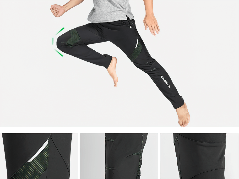 Man jumping wearing waterproof windproof cycling pants with reflective details and elastic cuffs for outdoor adventures.