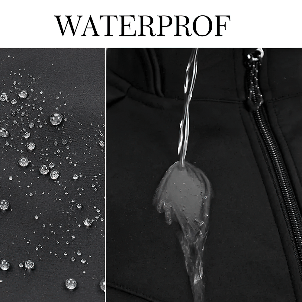 Waterproof cycling jacket demonstrating water resistance with droplets and running water on fabric.