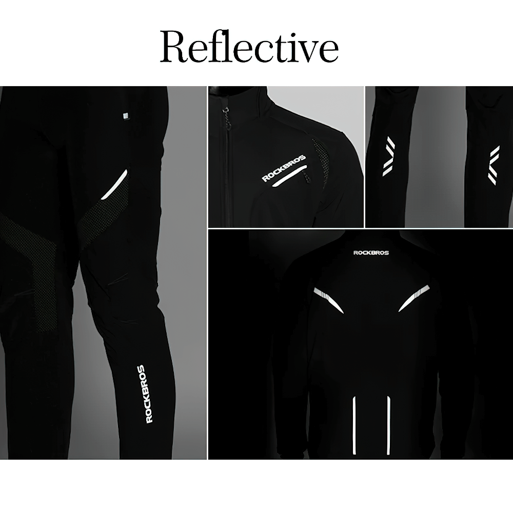 Reflective waterproof windproof cycling jacket and pants set with thermal lining, perfect for outdoor adventures. Model SF2638.