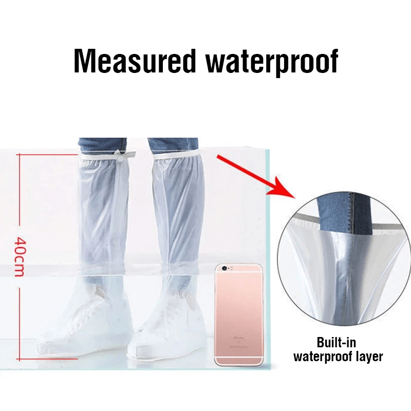Person wearing waterproof silicone boot covers submerged in water, showcasing rainproof protection and built-in waterproof layer.
