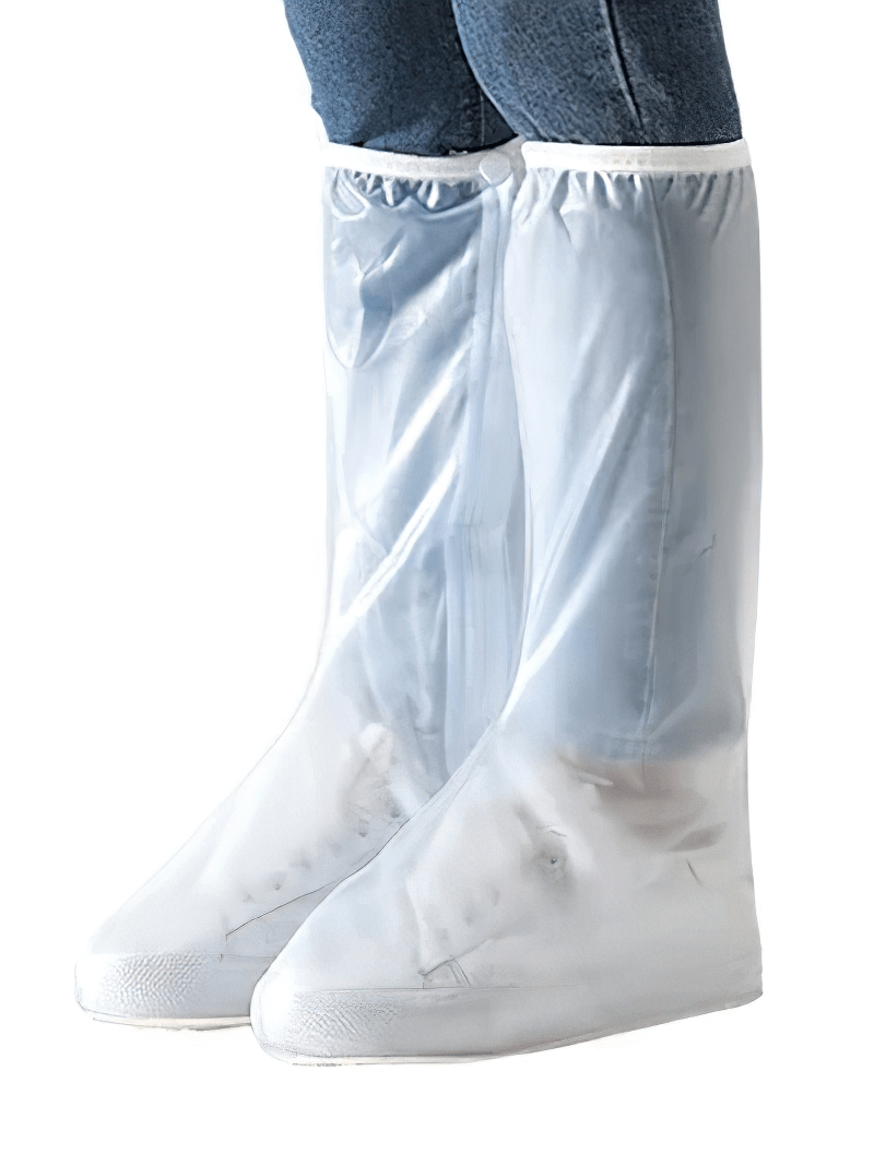 Person wearing waterproof zipper silicone boot covers over shoes for rain protection, featuring non-slip sole and easy zipper access.