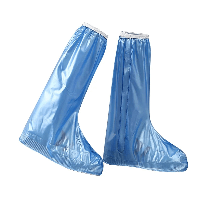 Blue waterproof silicone boot covers with zipper, reusable and non-slip, ideal for protecting shoes from rain and mud during outdoor activities.